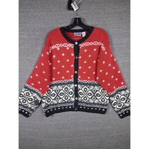 North Crest Womens Sweater Large Red Black Fair Isle Nordic Cardigan Holiday VTG